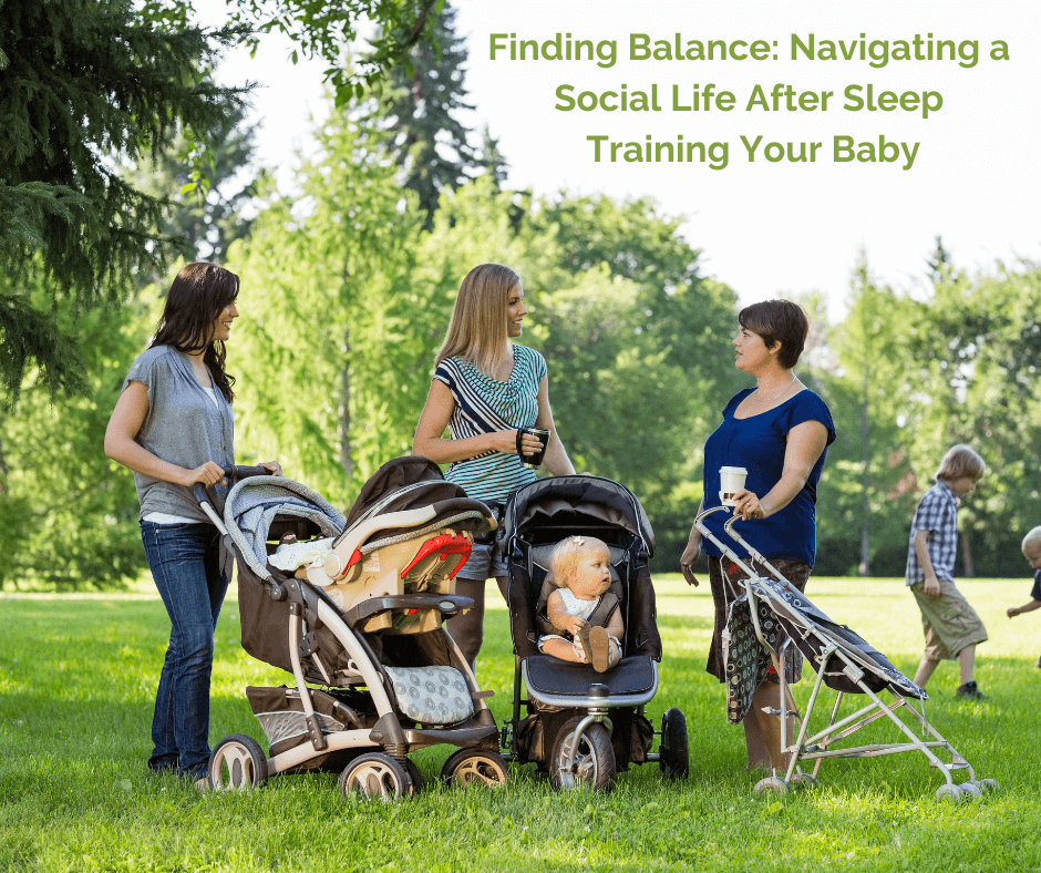 finding balance: navigating a social life after sleep training - 3 moms standing around talking with babies in strollers